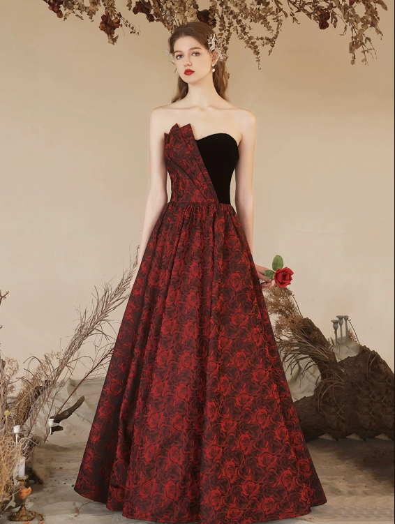 Elegant Rose Pattern Satin Long Prom Dress with Velvet, A-Line Strapless Formal Evening Dress