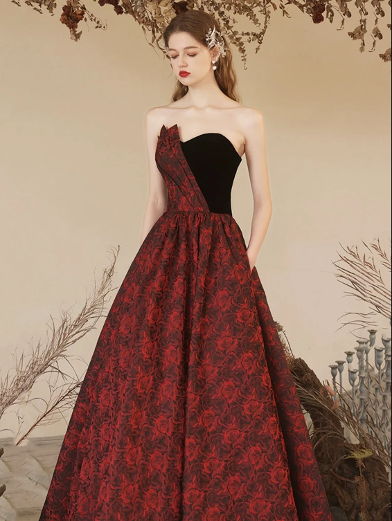 Elegant Rose Pattern Satin Long Prom Dress with Velvet, A-Line Strapless Formal Evening Dress