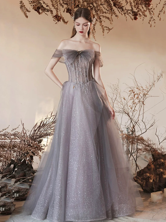 Gray Tulle Beaded Long Prom Dress, Beautiful Off the Shoulder Evening Party Dress