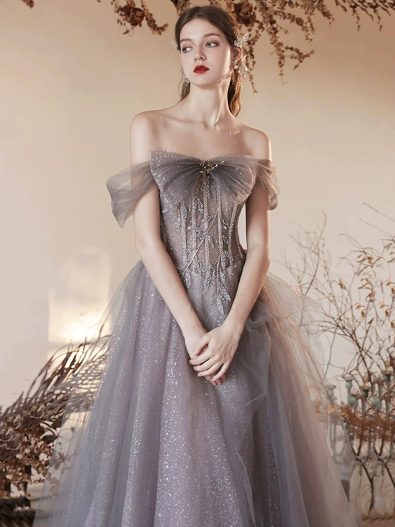 Gray Tulle Beaded Long Prom Dress, Beautiful Off the Shoulder Evening Party Dress