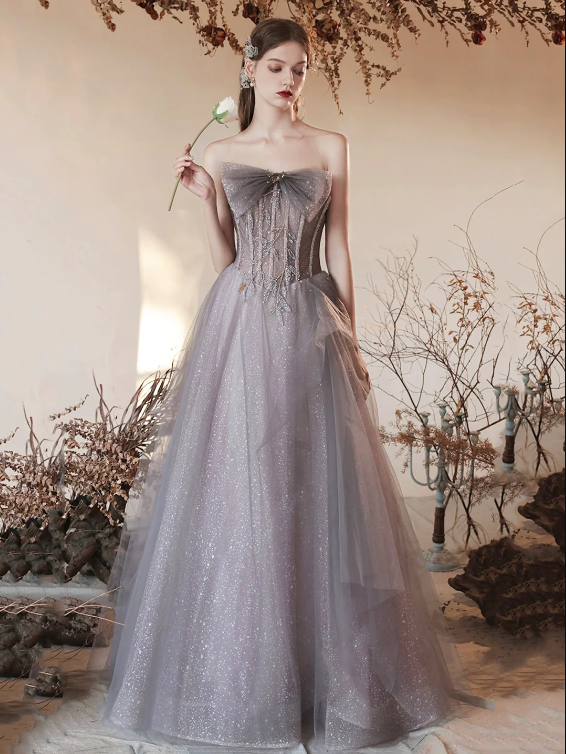 Gray Tulle Beaded Long Prom Dress, Beautiful Off the Shoulder Evening Party Dress