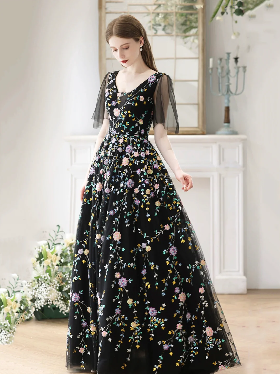 Black V-Neck Tulle Sequins Long Prom Dress, Black A-Line Evening Party Dress