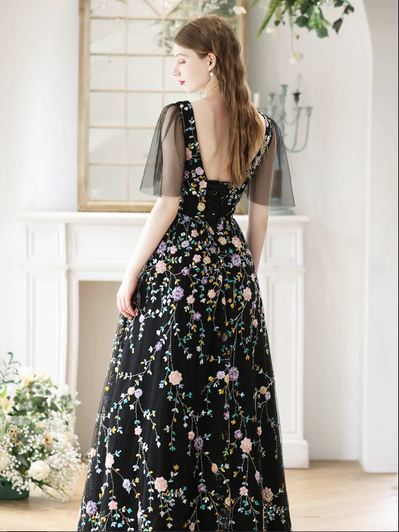 Black V-Neck Tulle Sequins Long Prom Dress, Black A-Line Evening Party Dress