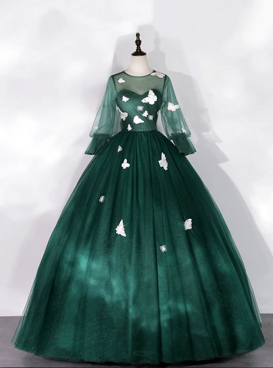 Dark Green Tulle Floor Length Prom Dress with Butterfly Appliques, A-Line Long Sleeve Evening Party Dress