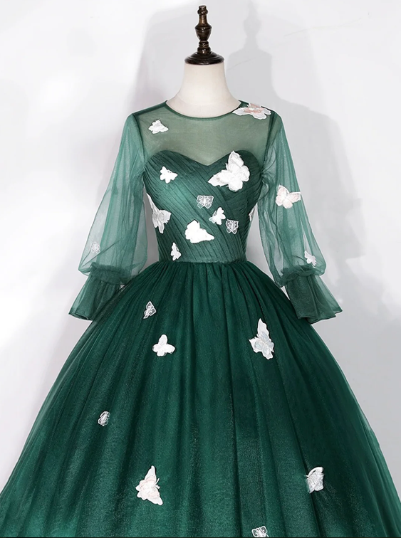 Dark Green Tulle Floor Length Prom Dress with Butterfly Appliques, A-Line Long Sleeve Evening Party Dress