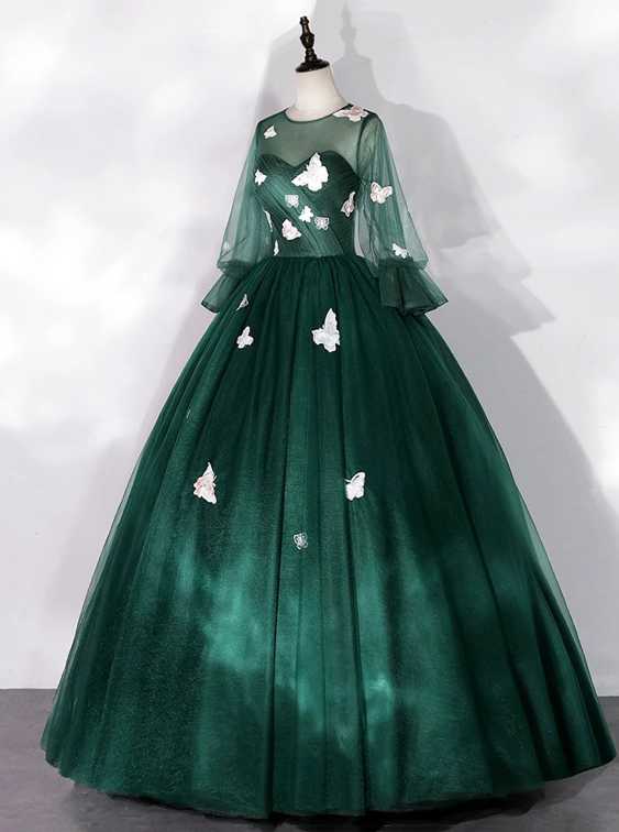 Dark Green Tulle Floor Length Prom Dress with Butterfly Appliques, A-Line Long Sleeve Evening Party Dress