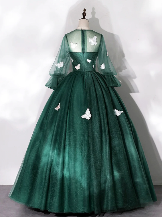 Dark Green Tulle Floor Length Prom Dress with Butterfly Appliques, A-Line Long Sleeve Evening Party Dress