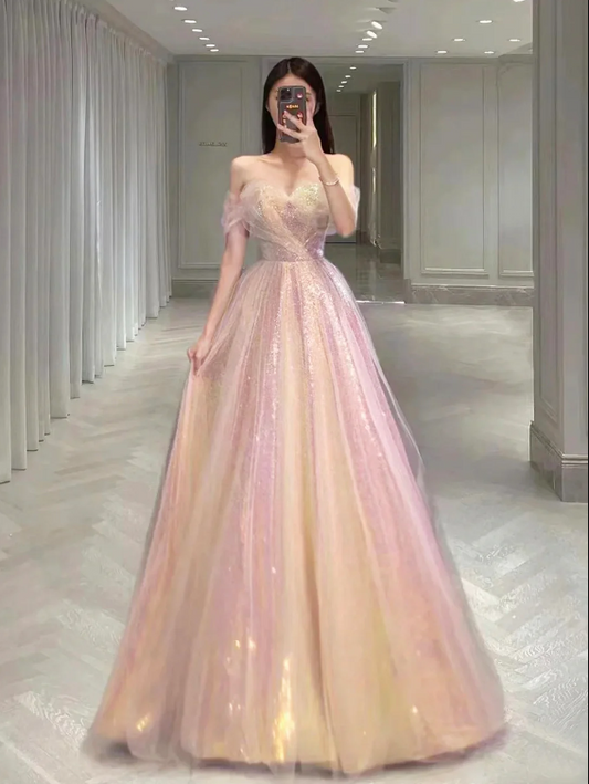 Shiny Sequins Tulle Long Prom Dress, A-Line Off the Shoulder Evening Party Dress