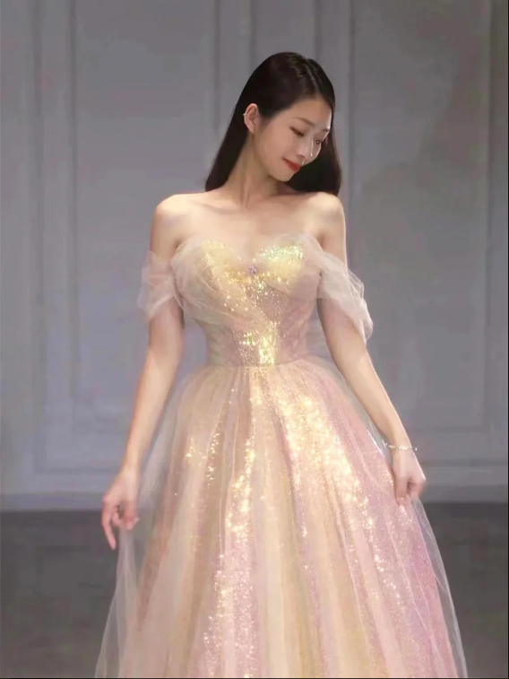 Shiny Sequins Tulle Long Prom Dress, A-Line Off the Shoulder Evening Party Dress