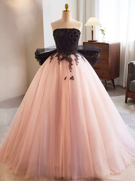 Black and Pink Tulle Lace Long Prom Dress, A-Line Strapless Evening Sweet 16 Dress