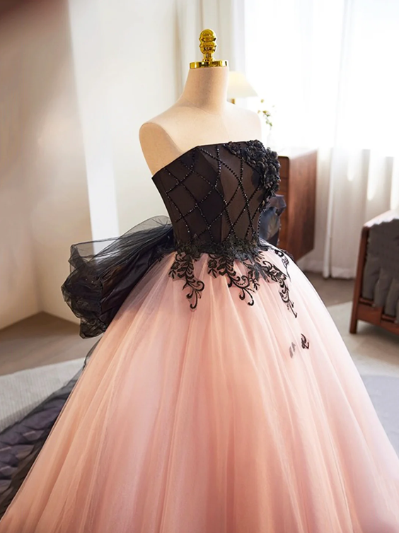 Black and Pink Tulle Lace Long Prom Dress, A-Line Strapless Evening Sweet 16 Dress