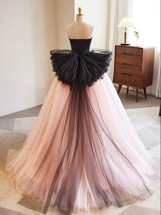 Black and Pink Tulle Lace Long Prom Dress, A-Line Strapless Evening Sweet 16 Dress