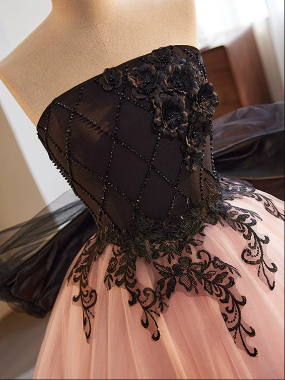 Black and Pink Tulle Lace Long Prom Dress, A-Line Strapless Evening Sweet 16 Dress