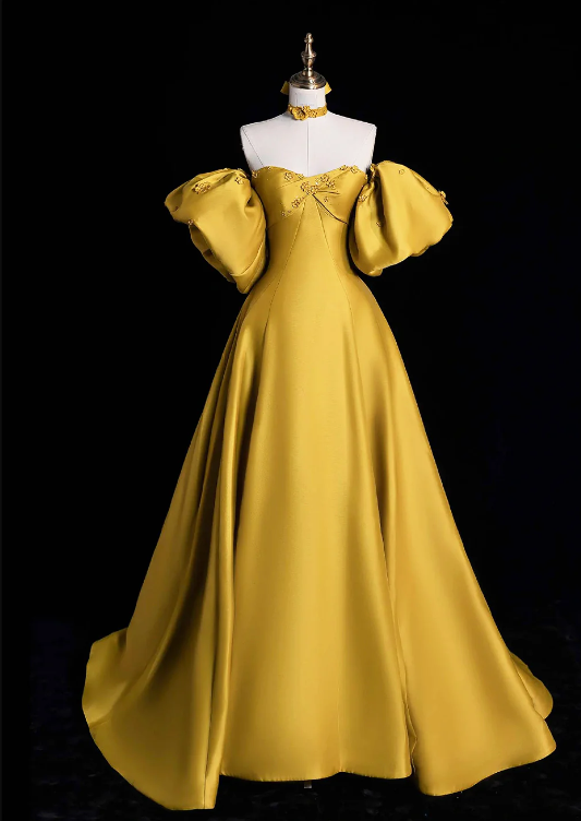 Yellow Satin Long Prom Dress, Off the Shoulder A-Line Evening Party Dress