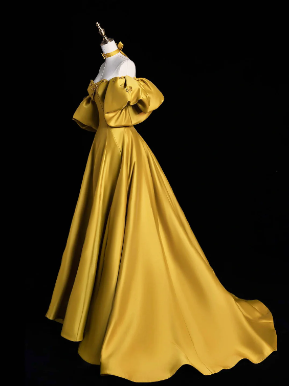 Yellow Satin Long Prom Dress, Off the Shoulder A-Line Evening Party Dress