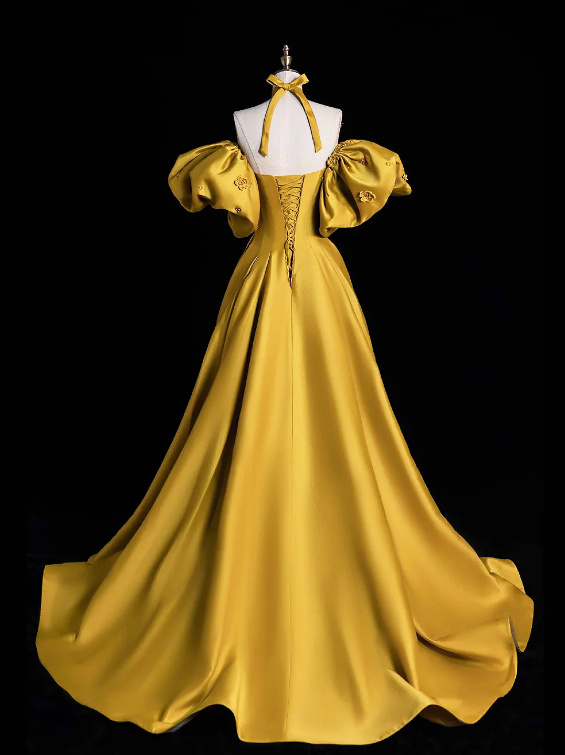 Yellow Satin Long Prom Dress, Off the Shoulder A-Line Evening Party Dress