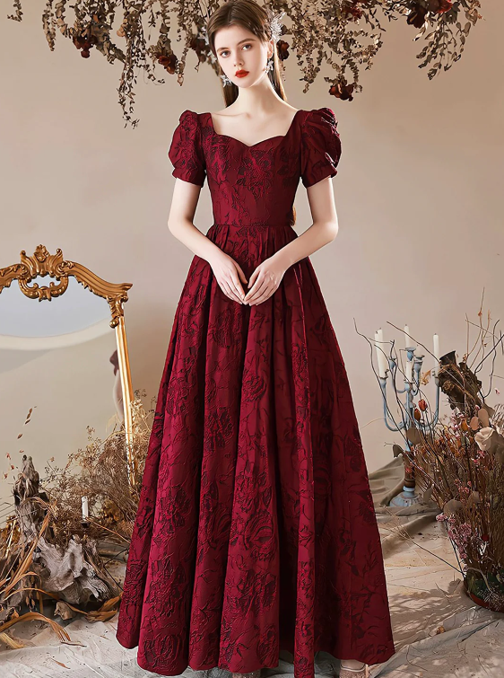 Burgundy Satin Floor Length Prom Dress, A-Line Short Sleeve Evening Party Dress