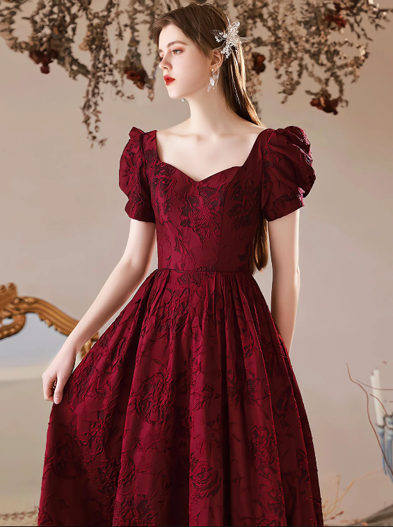 Burgundy Satin Floor Length Prom Dress, A-Line Short Sleeve Evening Party Dress