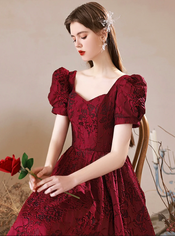 Burgundy Satin Floor Length Prom Dress, A-Line Short Sleeve Evening Party Dress