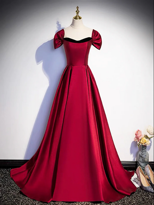 Burgundy Satin Strapless Prom Dress, Simple A-Line Party Dress with Detachable Sleeve