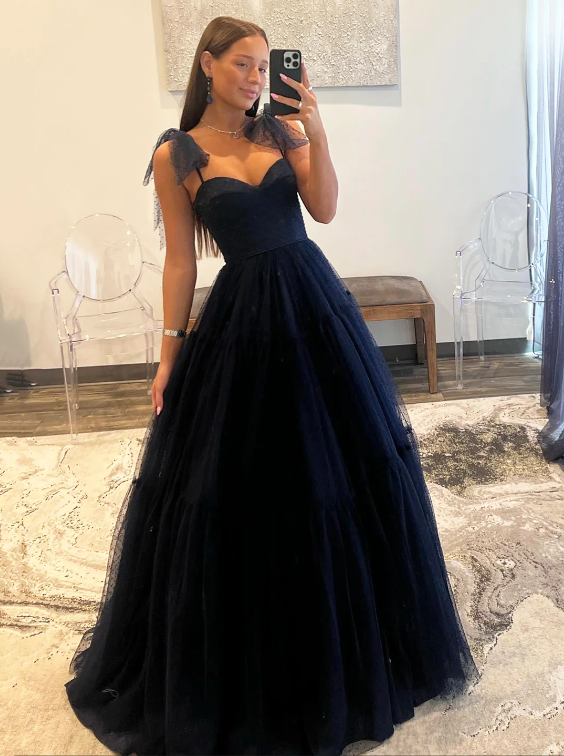 Navy Blue Dotted Tulle A Line Prom Dresses, A-Line Sweetheart Neckline Bow Tie Shoulder Evening Dresses