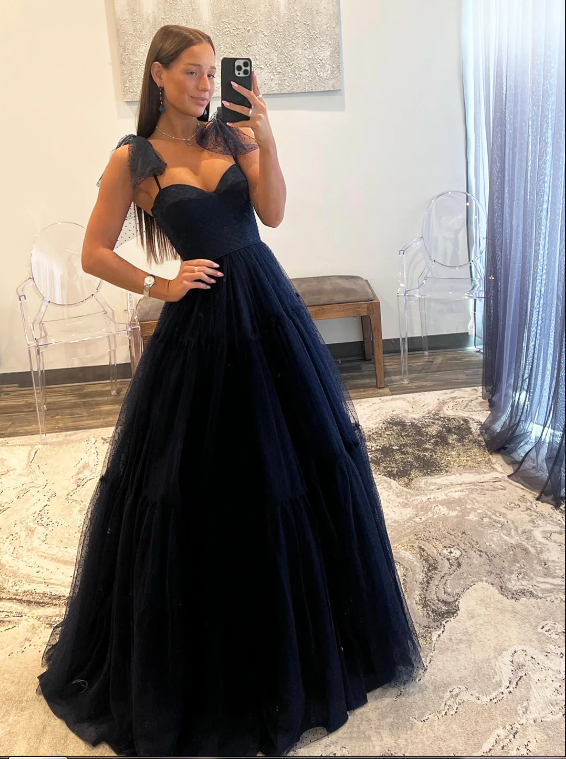 Navy Blue Dotted Tulle A Line Prom Dresses, A-Line Sweetheart Neckline Bow Tie Shoulder Evening Dresses