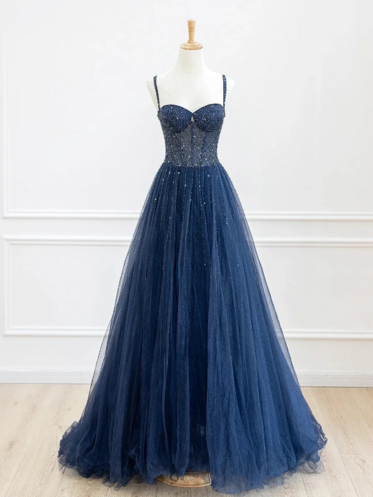 Blue Spaghetti Strap Tulle Sequins Long Prom Dress, Beautiful A-Line Evening Party Dress