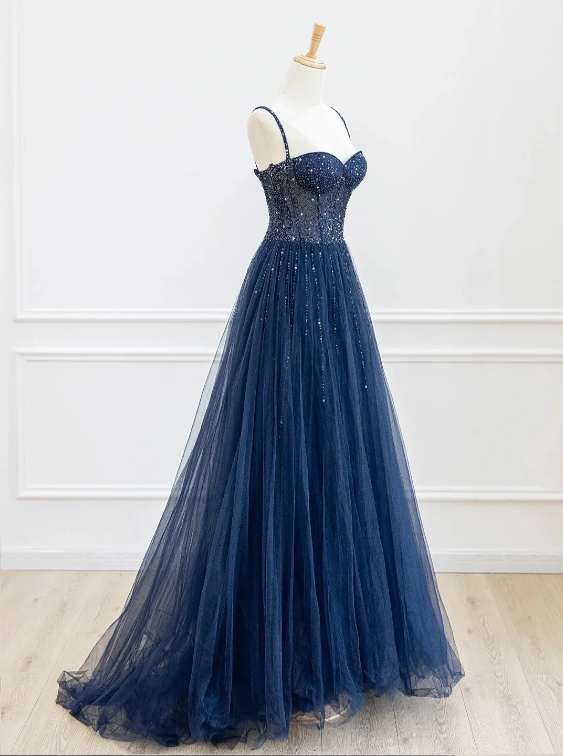 Blue Spaghetti Strap Tulle Sequins Long Prom Dress, Beautiful A-Line Evening Party Dress