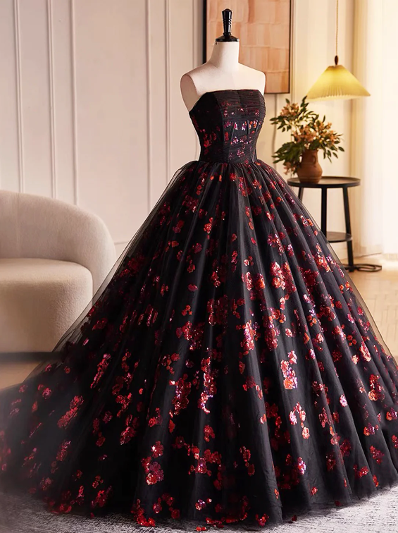 Black Tulle and Red Sequins Long Pom Dress, Beautiful A-Line Strapless Formal Evening Dress