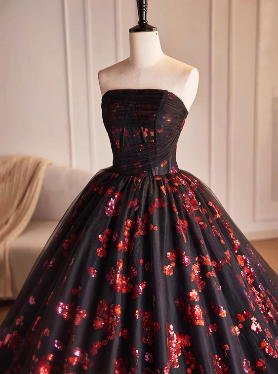 Black Tulle and Red Sequins Long Pom Dress, Beautiful A-Line Strapless Formal Evening Dress