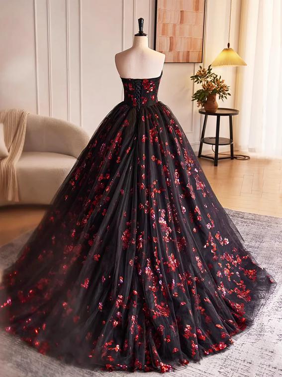 Black Tulle and Red Sequins Long Pom Dress, Beautiful A-Line Strapless Formal Evening Dress