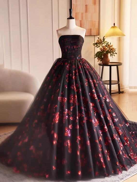 Black Tulle and Red Sequins Long Pom Dress, Beautiful A-Line Strapless Formal Evening Dress