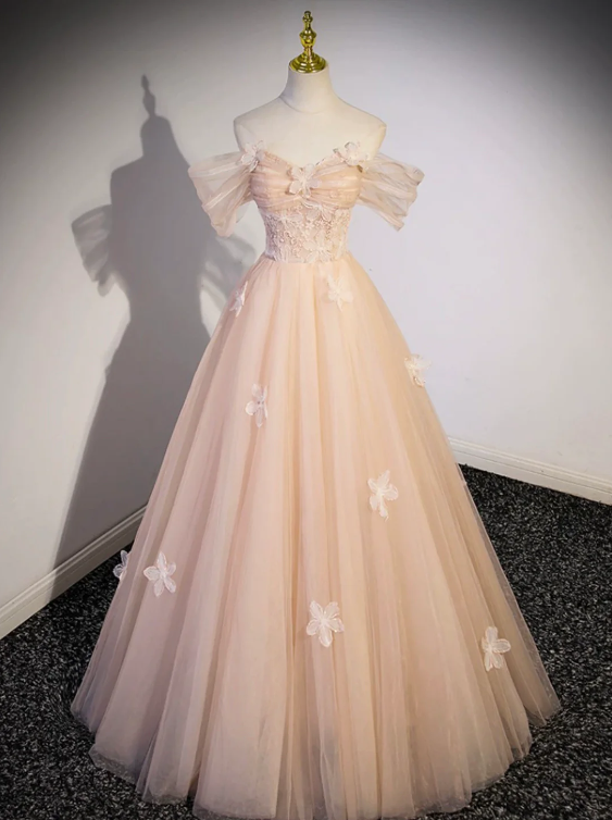 Light Pink Tulle Floor Length Prom Dress, Beautiful Off the Shoulder Evening Party Dress