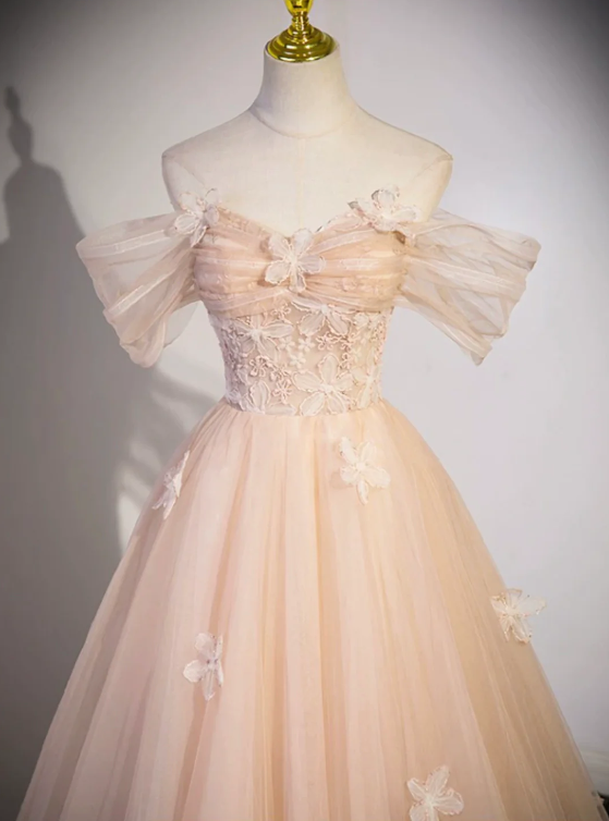 Light Pink Tulle Floor Length Prom Dress, Beautiful Off the Shoulder Evening Party Dress