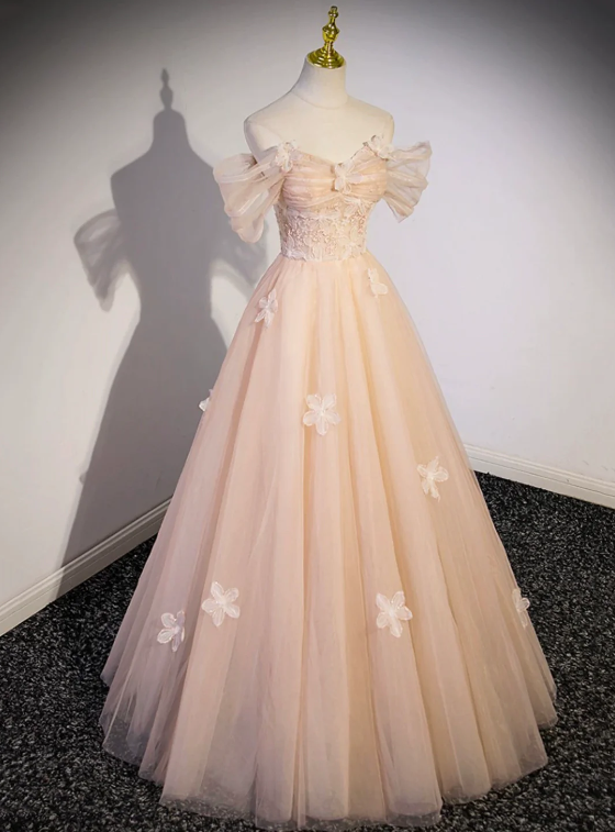 Light Pink Tulle Floor Length Prom Dress, Beautiful Off the Shoulder Evening Party Dress