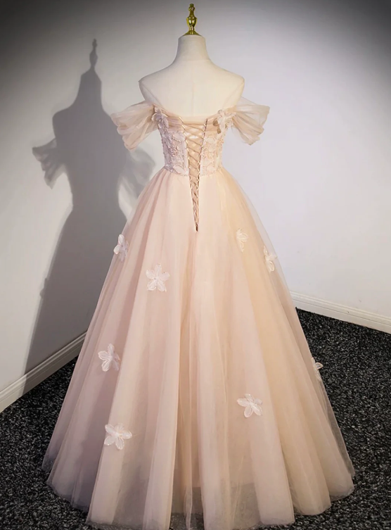 Light Pink Tulle Floor Length Prom Dress, Beautiful Off the Shoulder Evening Party Dress