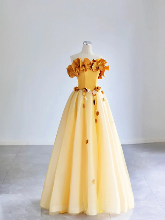 Yellow Tulle Applique Long Prom Dress, Off the Shoulder Sleeveless Backless Long Formal Evening Dress