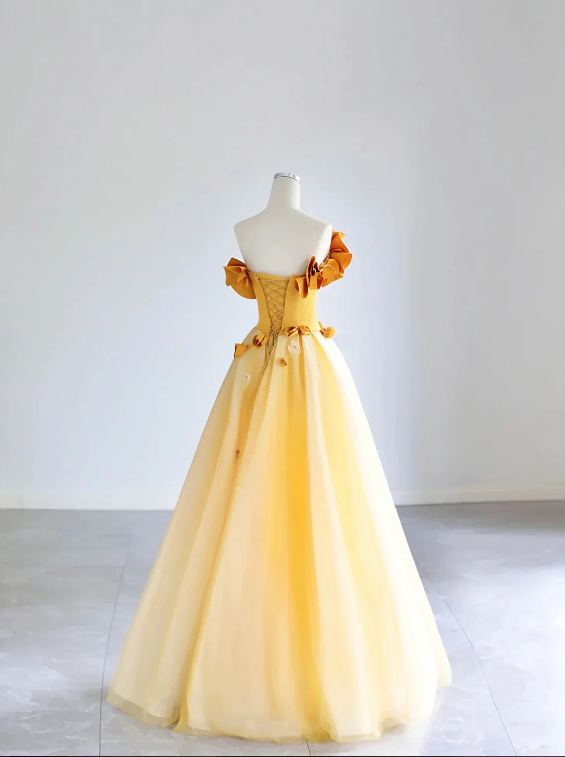 Yellow Tulle Applique Long Prom Dress, Off the Shoulder Sleeveless Backless Long Formal Evening Dress