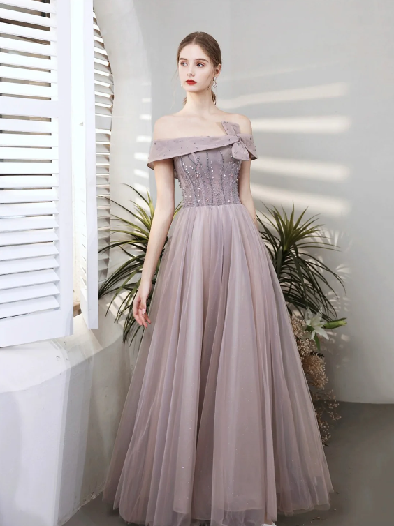 Tulle Beaded Long Prom Dress, Off the Shoulder Evening Party Dress