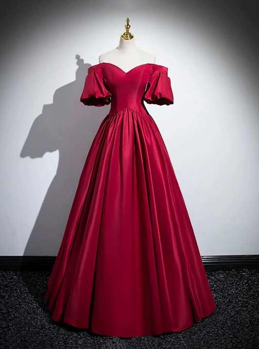 Burgundy Satin Long Prom Dress, Off the Shoulder A-Line Formal Evening Dress