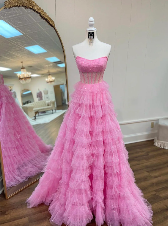 Pink Strapless Tulle Sparkle Floor Length Prom Dress, Beautiful A-Line Evening Party Dress