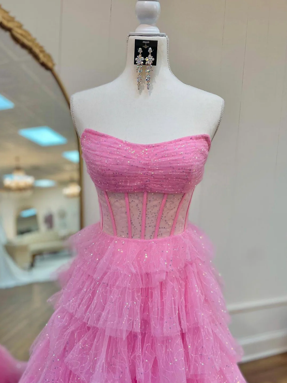 Pink Strapless Tulle Sparkle Floor Length Prom Dress, Beautiful A-Line Evening Party Dress