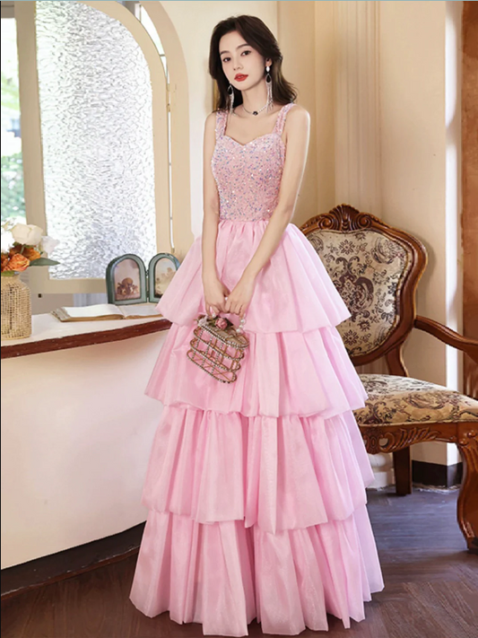 Pink/Blue Tulle Layers Long A-Line Prom Dress, A-Line Spaghetti Strap Sequins Evening Dress