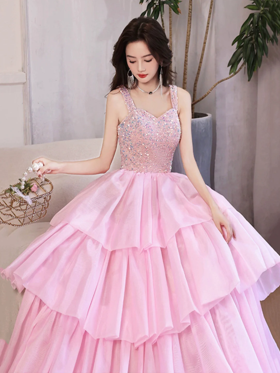 Pink/Blue Tulle Layers Long A-Line Prom Dress, A-Line Spaghetti Strap Sequins Evening Dress