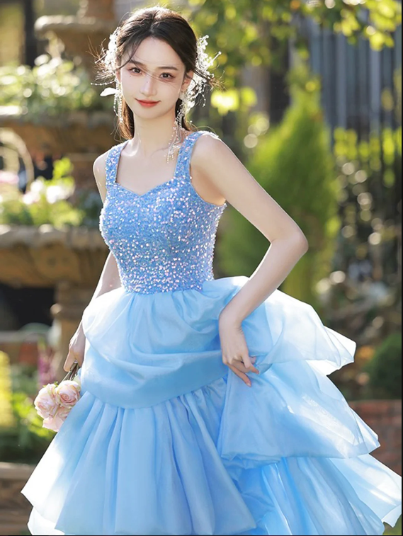 Pink/Blue Tulle Layers Long A-Line Prom Dress, A-Line Spaghetti Strap Sequins Evening Dress