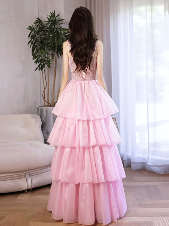 Pink/Blue Tulle Layers Long A-Line Prom Dress, A-Line Spaghetti Strap Sequins Evening Dress