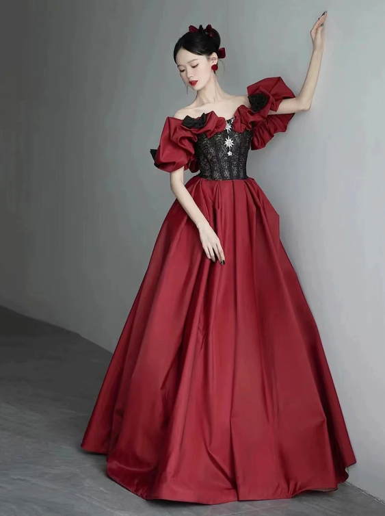 Black Lace and Burgundy Satin Long Prom Dress, Off the Shoulder Evening Party Dress with Bow