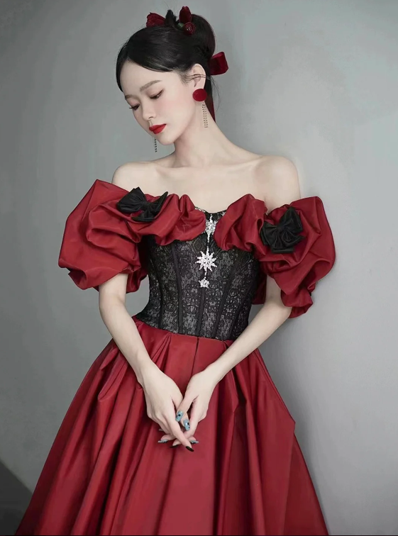 Black Lace and Burgundy Satin Long Prom Dress, Off the Shoulder Evening Party Dress with Bow