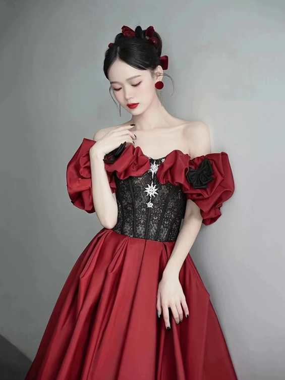 Black Lace and Burgundy Satin Long Prom Dress, Off the Shoulder Evening Party Dress with Bow