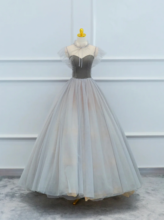 Lovely Velvet and Tulle Floor Length Prom Dress, Gray A-Line Formal Evening Dress